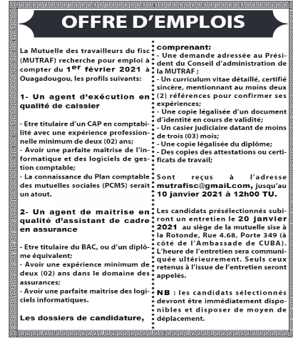 Recrutement de 01 Agent d'exécution en qualité de caissier